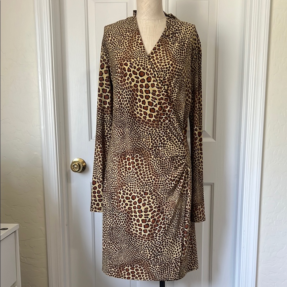 Norma Kamali Animal Print Leopard Surplice Faux Wrap Stretch Jersey Dress Sz M